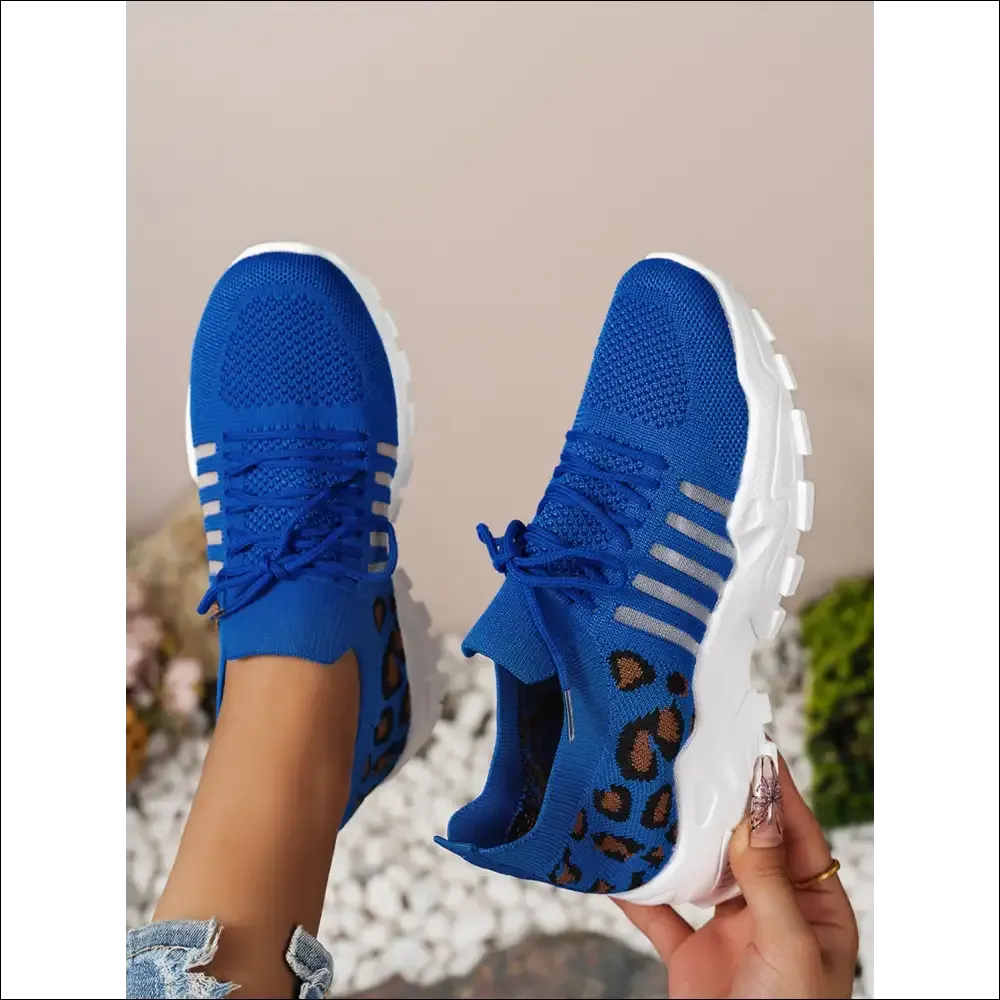 Cutout Leopard Lace Up Mesh Athletic Shoes