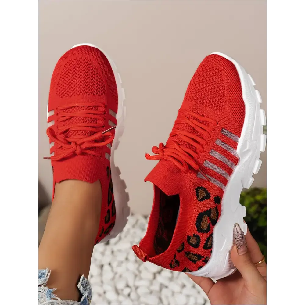 Cutout Leopard Lace Up Mesh Athletic Shoes
