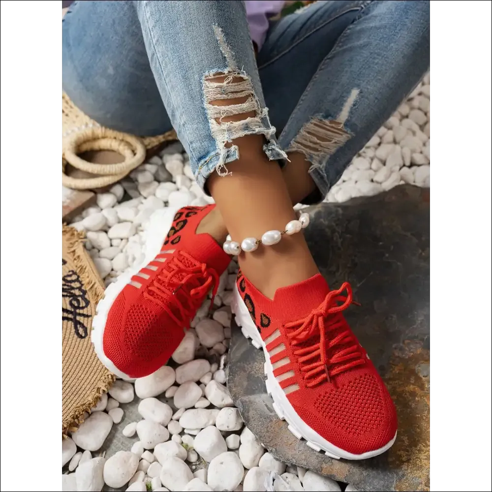 Cutout Leopard Lace Up Mesh Athletic Shoes