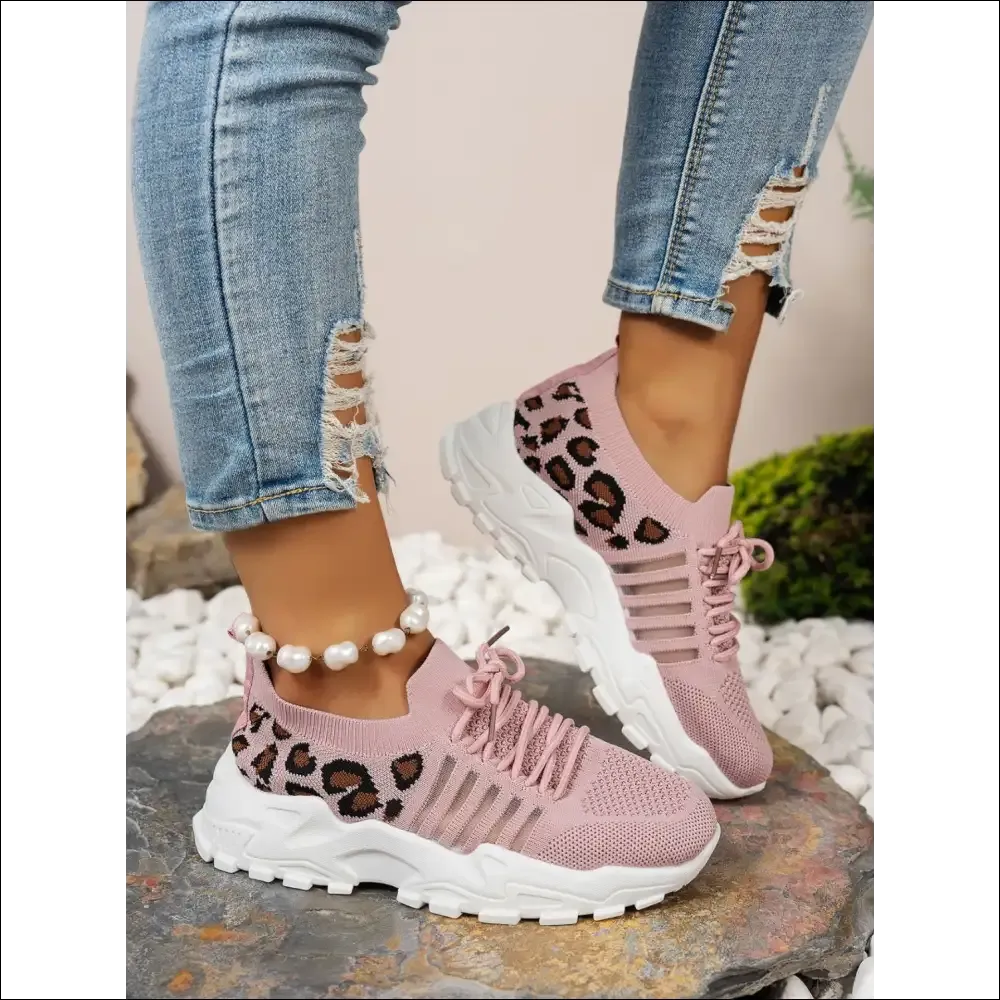 Cutout Leopard Lace Up Mesh Athletic Shoes
