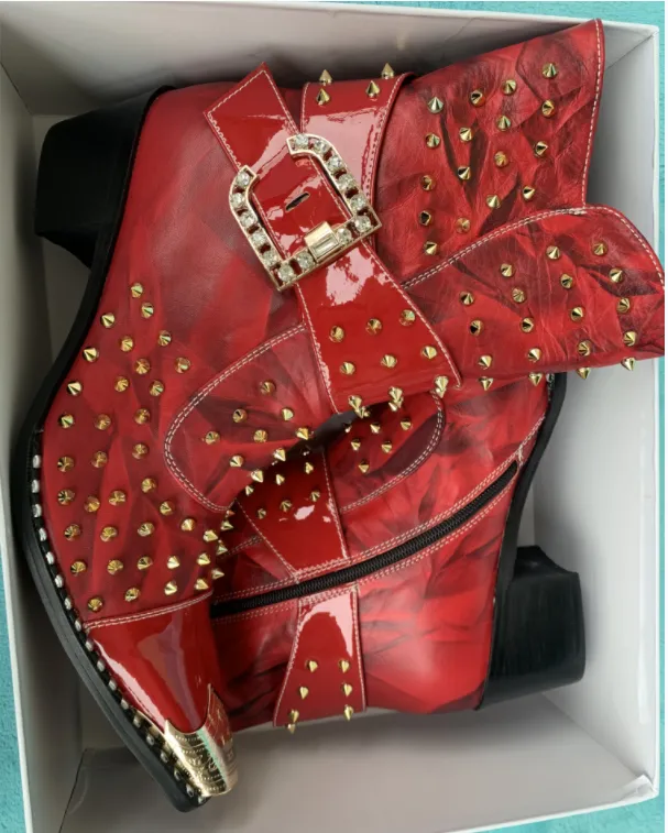 Designer Brand Rivets Men Genuine Leather Mid-boot Pointed Toe Cowboy Motorcycle Boots British Party Dress Boots