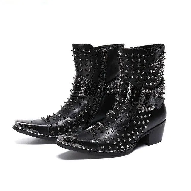 Designer Brand Rivets Men Genuine Leather Mid-boot Pointed Toe Cowboy Motorcycle Boots British Party Dress Boots