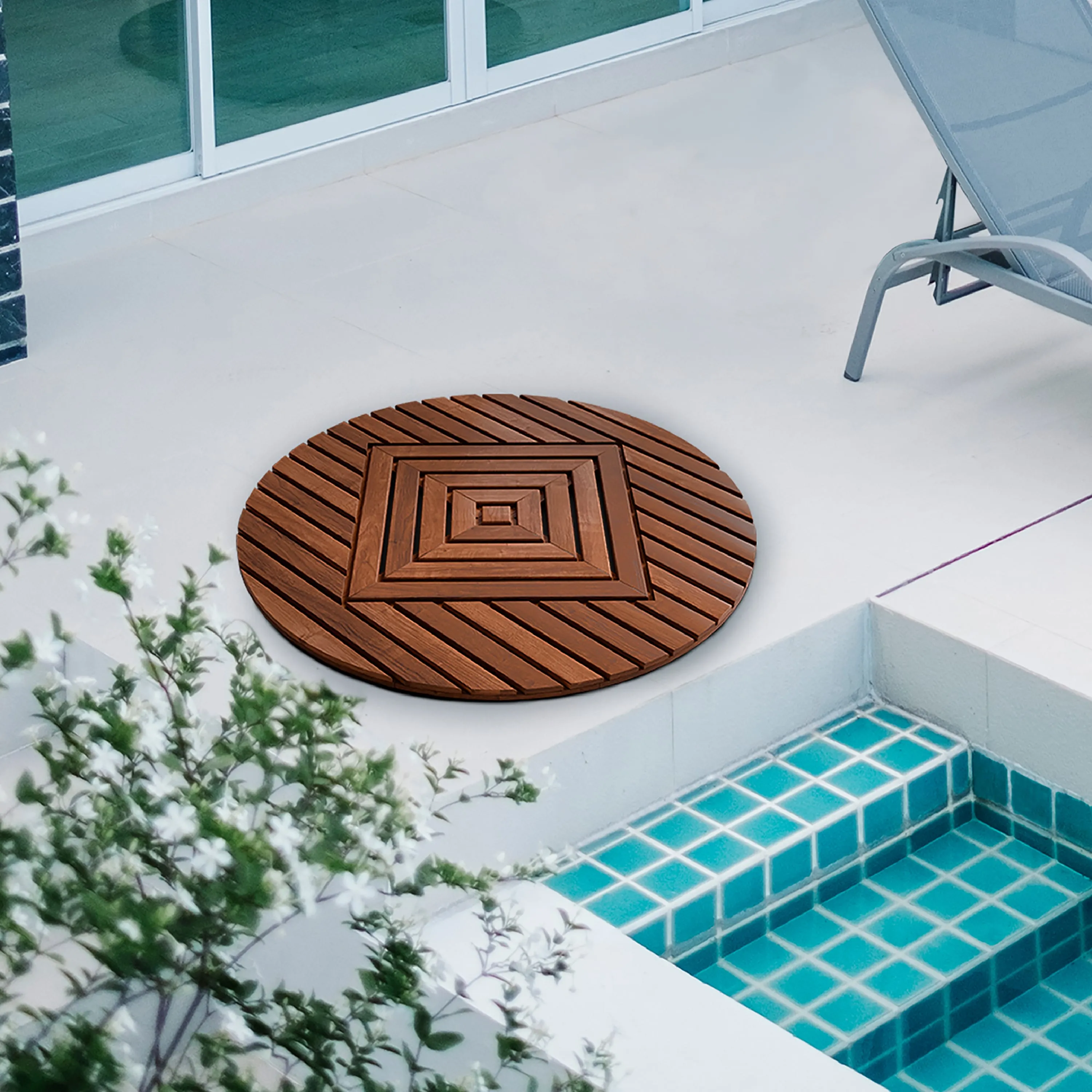 Designer Teak Shower Mat, Round, Xtra-Large 32” Diameter, Waterproof, Teak Oil Finish, for Bathroom, Pool, Spa, Boat, Sauna, Patio, Front Door from Our Diamond Collection