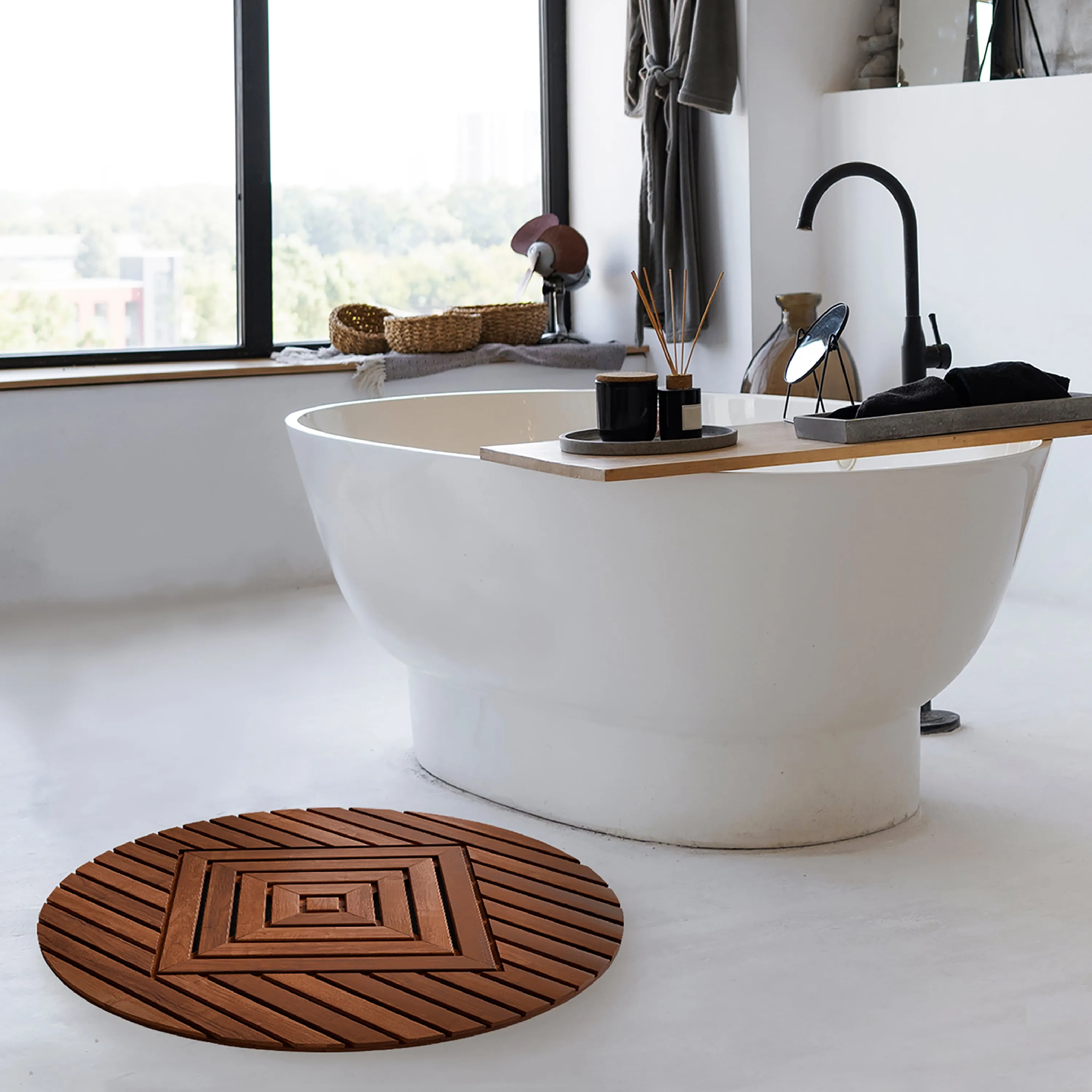 Designer Teak Shower Mat, Round, Xtra-Large 32” Diameter, Waterproof, Teak Oil Finish, for Bathroom, Pool, Spa, Boat, Sauna, Patio, Front Door from Our Diamond Collection