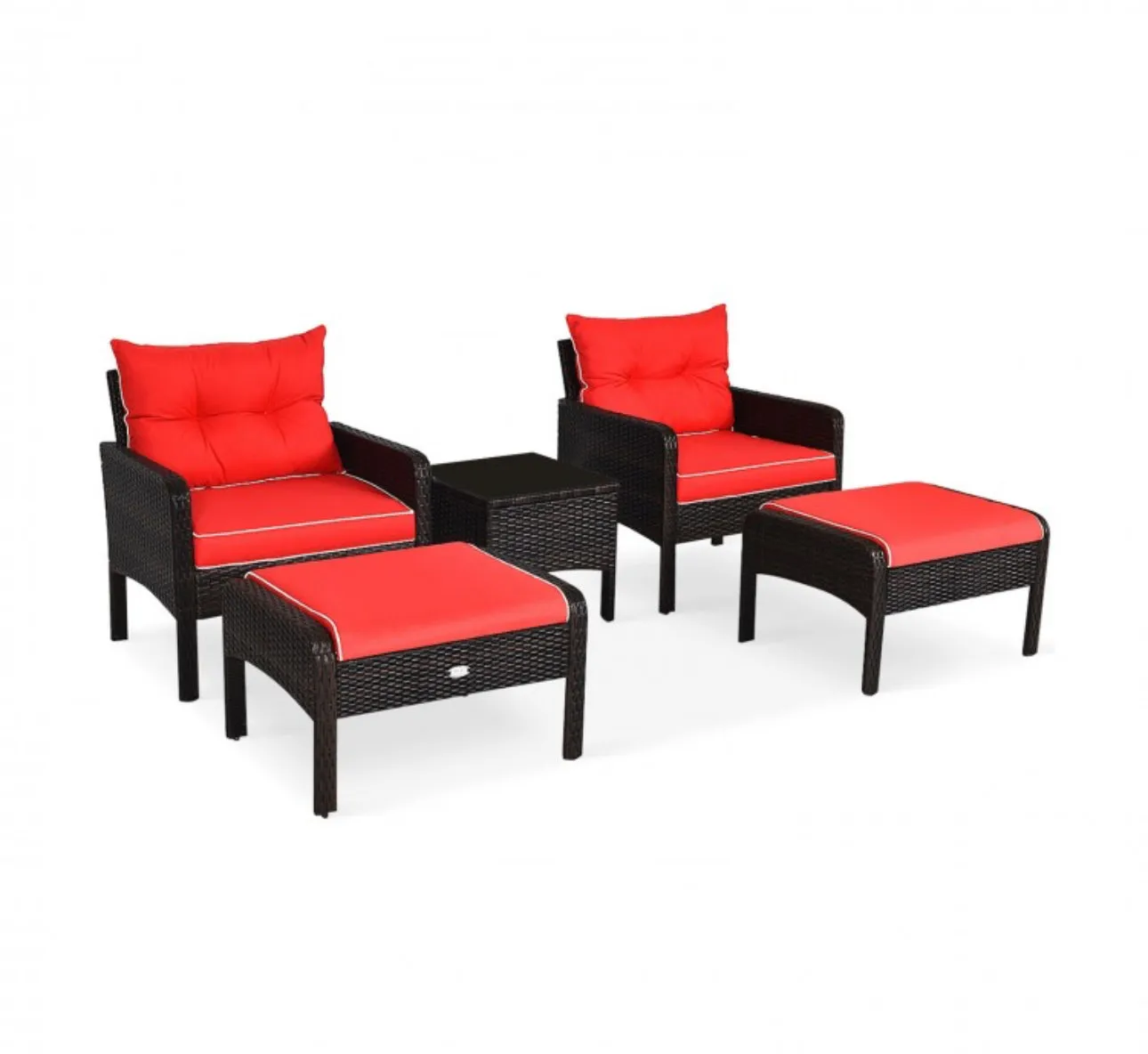 Elegant Outdoor Patio 5-Piece Furniture Rattan Sofa Ottoman Set With Cushions | Comes With 2 Ottomans,1 Coffee Table,2 Armchairs 1 Side Table, Cushions
