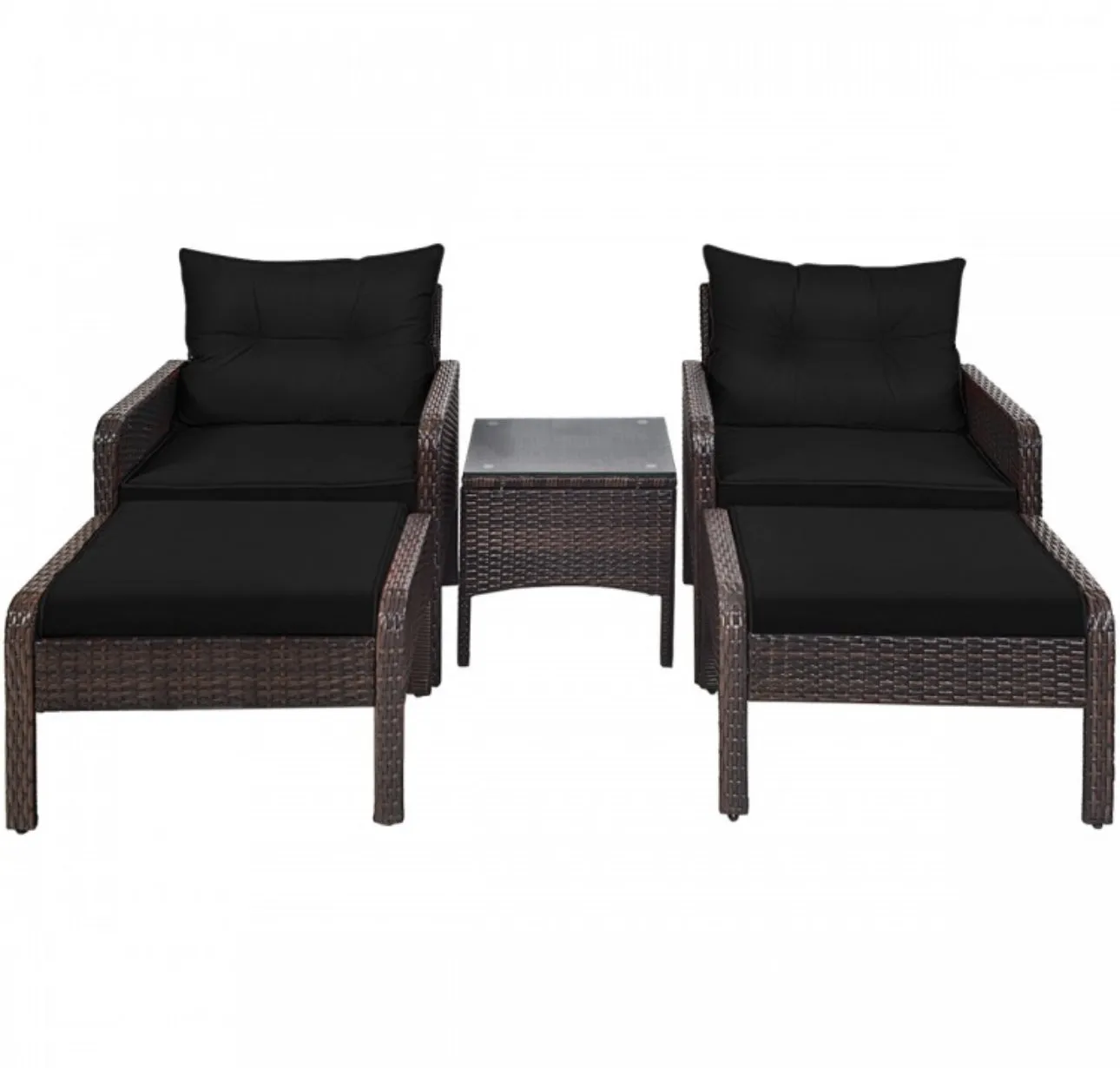 Elegant Outdoor Patio 5-Piece Furniture Rattan Sofa Ottoman Set With Cushions | Comes With 2 Ottomans,1 Coffee Table,2 Armchairs 1 Side Table, Cushions