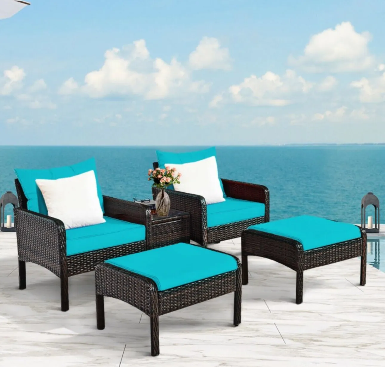 Elegant Outdoor Patio 5-Piece Furniture Rattan Sofa Ottoman Set With Cushions | Comes With 2 Ottomans,1 Coffee Table,2 Armchairs 1 Side Table, Cushions