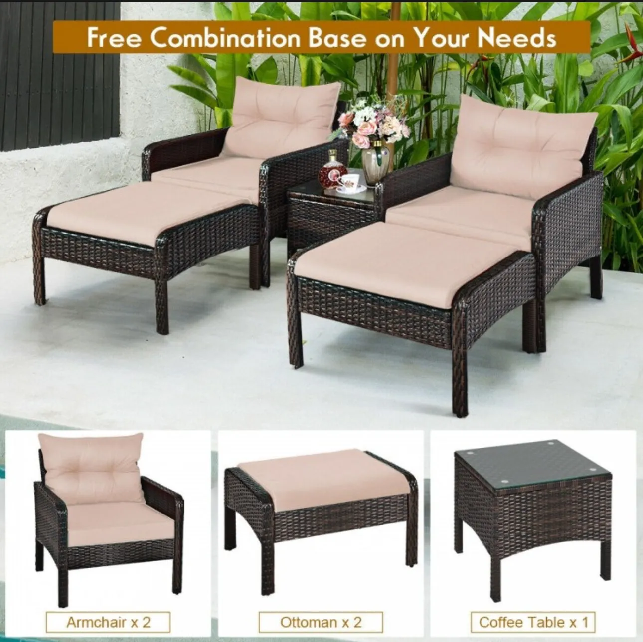 Elegant Outdoor Patio 5-Piece Furniture Rattan Sofa Ottoman Set With Cushions | Comes With 2 Ottomans,1 Coffee Table,2 Armchairs 1 Side Table, Cushions