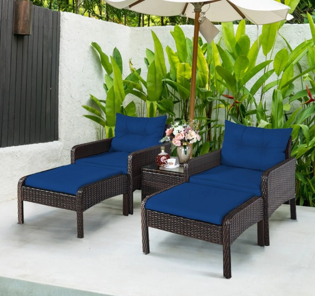 Elegant Outdoor Patio 5-Piece Furniture Rattan Sofa Ottoman Set With Cushions | Comes With 2 Ottomans,1 Coffee Table,2 Armchairs 1 Side Table, Cushions