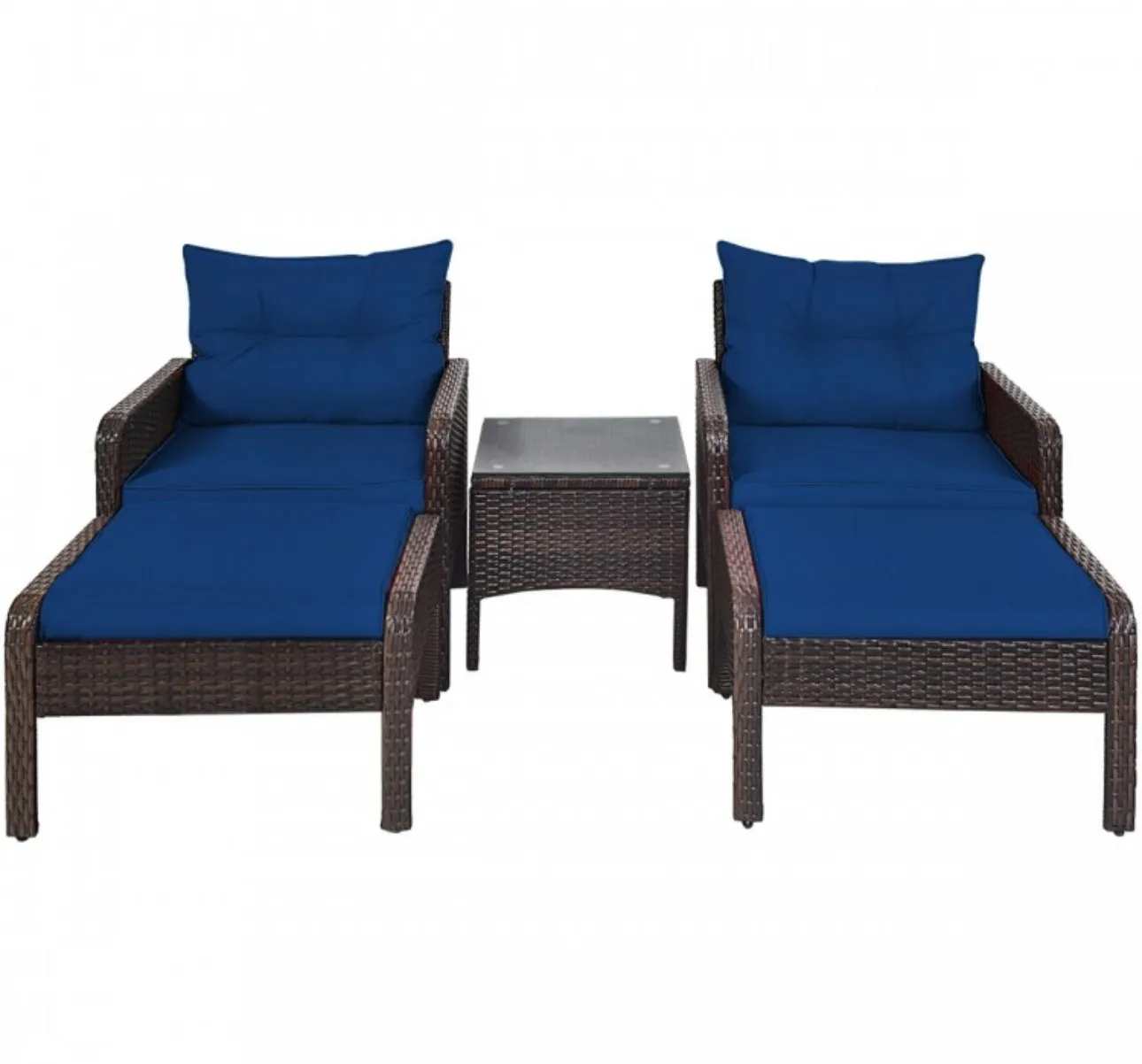 Elegant Outdoor Patio 5-Piece Furniture Rattan Sofa Ottoman Set With Cushions | Comes With 2 Ottomans,1 Coffee Table,2 Armchairs 1 Side Table, Cushions