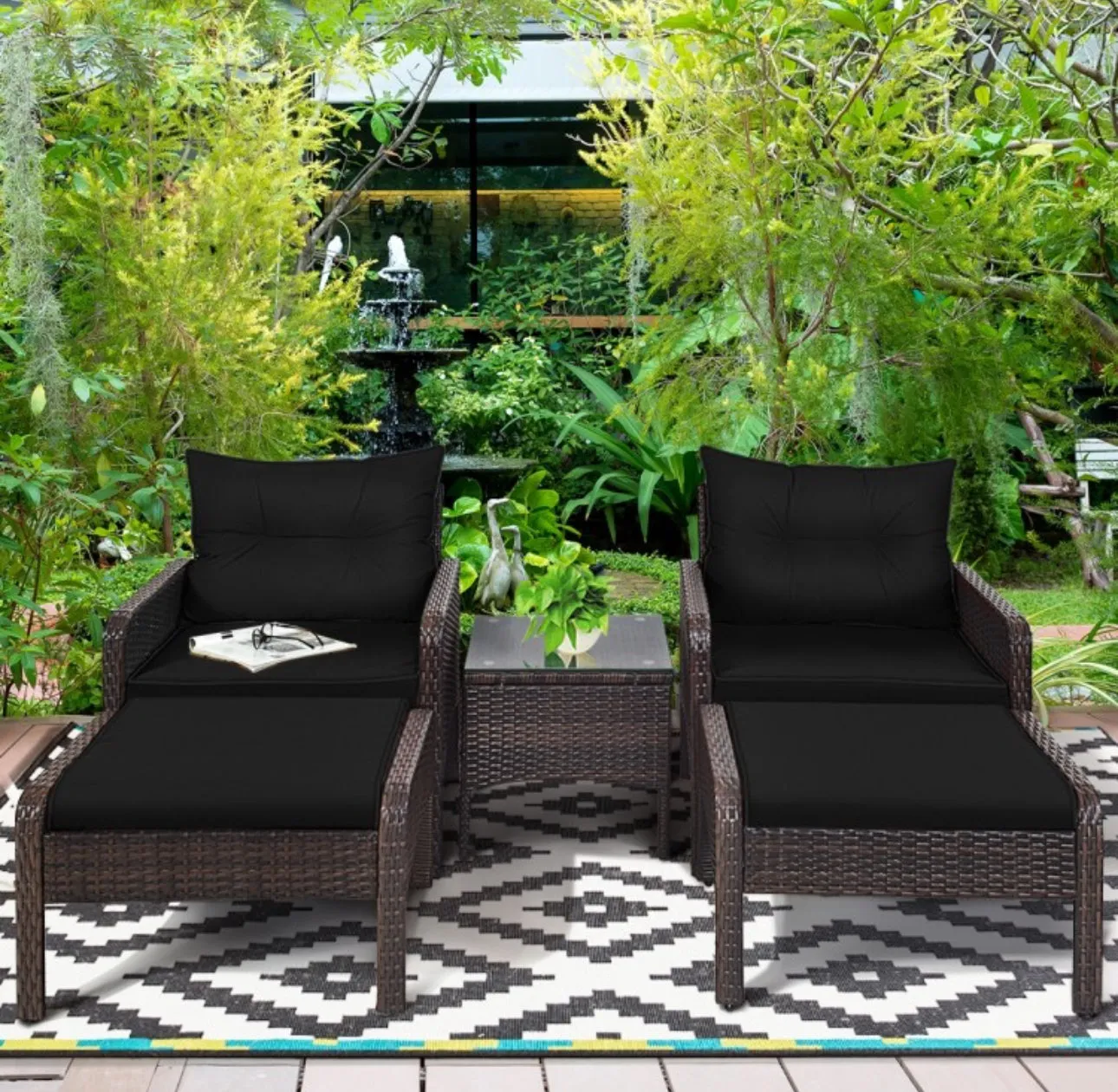 Elegant Outdoor Patio 5-Piece Furniture Rattan Sofa Ottoman Set With Cushions | Comes With 2 Ottomans,1 Coffee Table,2 Armchairs 1 Side Table, Cushions