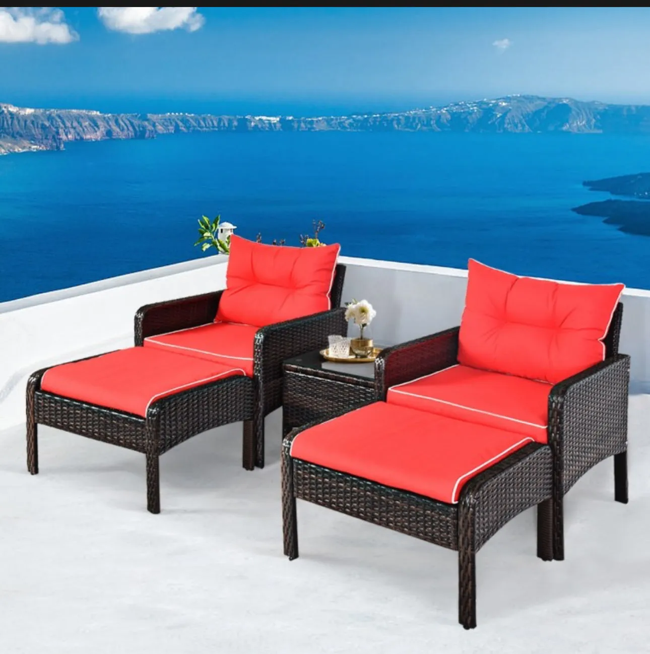 Elegant Outdoor Patio 5-Piece Furniture Rattan Sofa Ottoman Set With Cushions | Comes With 2 Ottomans,1 Coffee Table,2 Armchairs 1 Side Table, Cushions