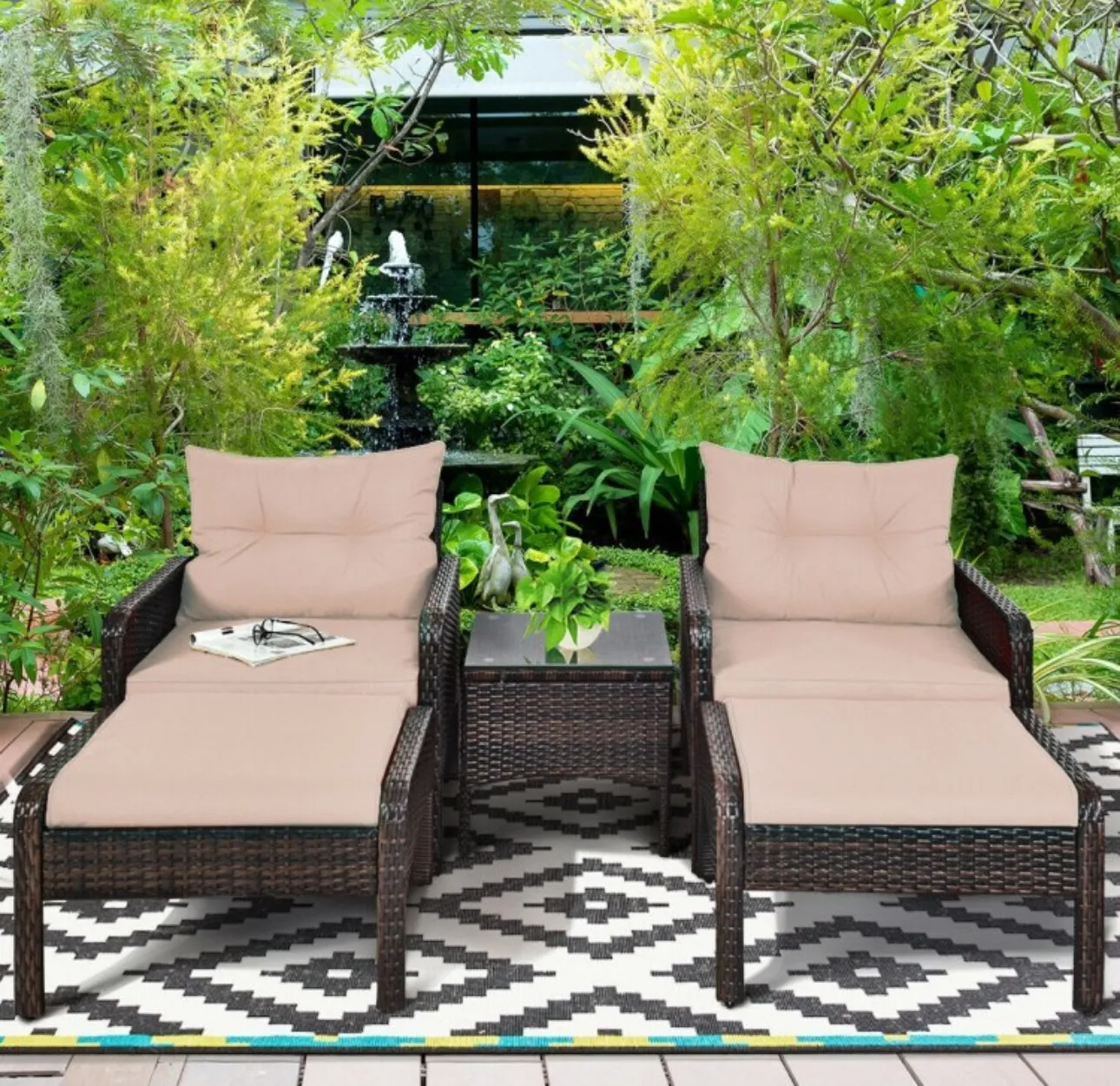 Elegant Outdoor Patio 5-Piece Furniture Rattan Sofa Ottoman Set With Cushions | Comes With 2 Ottomans,1 Coffee Table,2 Armchairs 1 Side Table, Cushions
