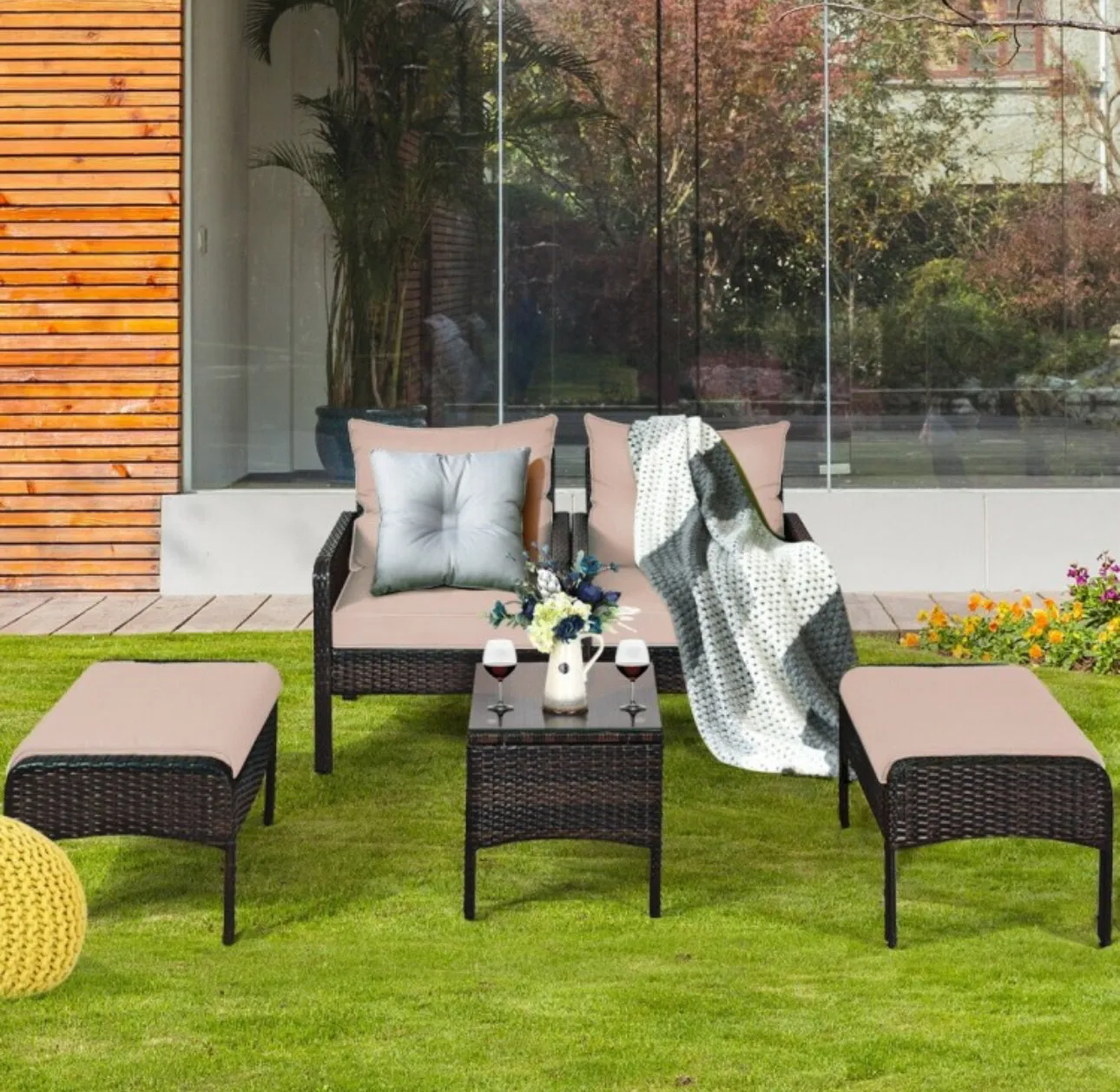 Elegant Outdoor Patio 5-Piece Furniture Rattan Sofa Ottoman Set With Cushions | Comes With 2 Ottomans,1 Coffee Table,2 Armchairs 1 Side Table, Cushions