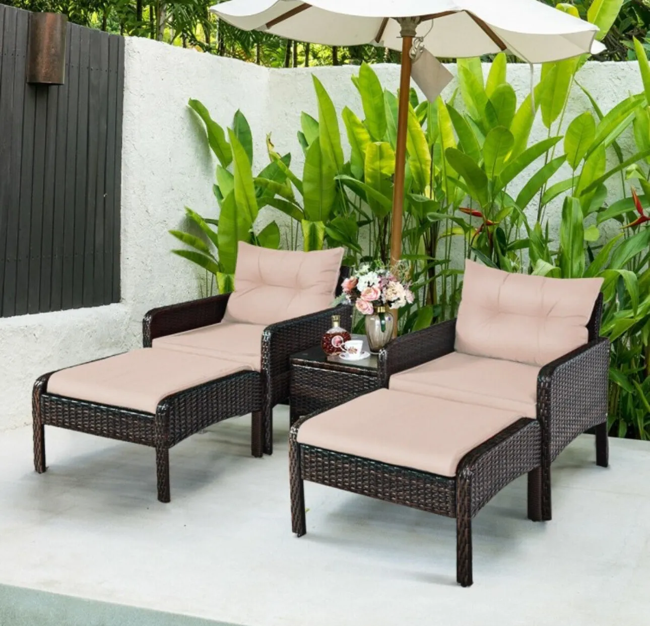 Elegant Outdoor Patio 5-Piece Furniture Rattan Sofa Ottoman Set With Cushions | Comes With 2 Ottomans,1 Coffee Table,2 Armchairs 1 Side Table, Cushions