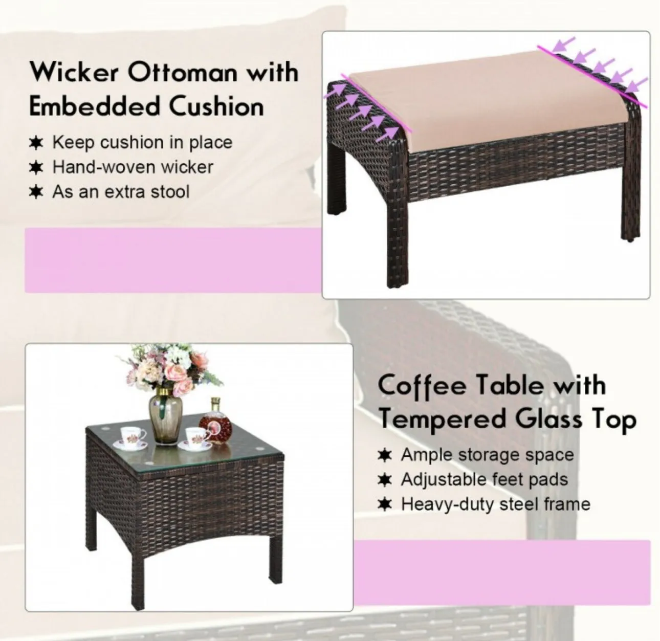 Elegant Outdoor Patio 5-Piece Furniture Rattan Sofa Ottoman Set With Cushions | Comes With 2 Ottomans,1 Coffee Table,2 Armchairs 1 Side Table, Cushions
