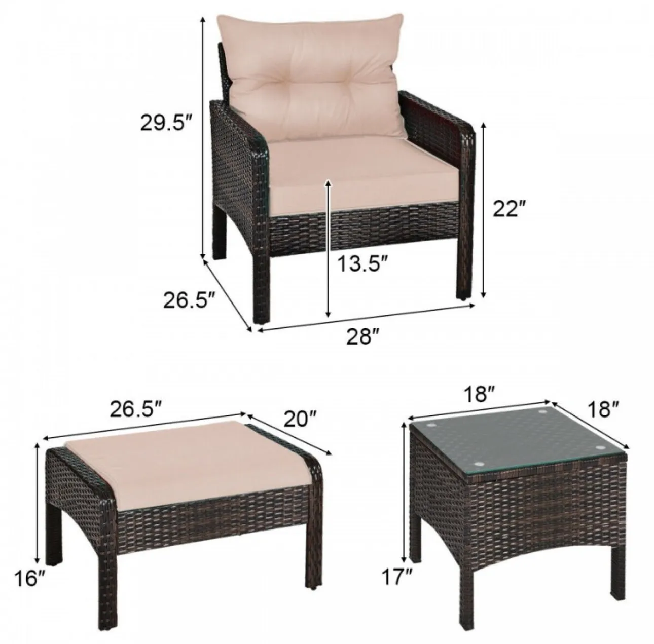 Elegant Outdoor Patio 5-Piece Furniture Rattan Sofa Ottoman Set With Cushions | Comes With 2 Ottomans,1 Coffee Table,2 Armchairs 1 Side Table, Cushions
