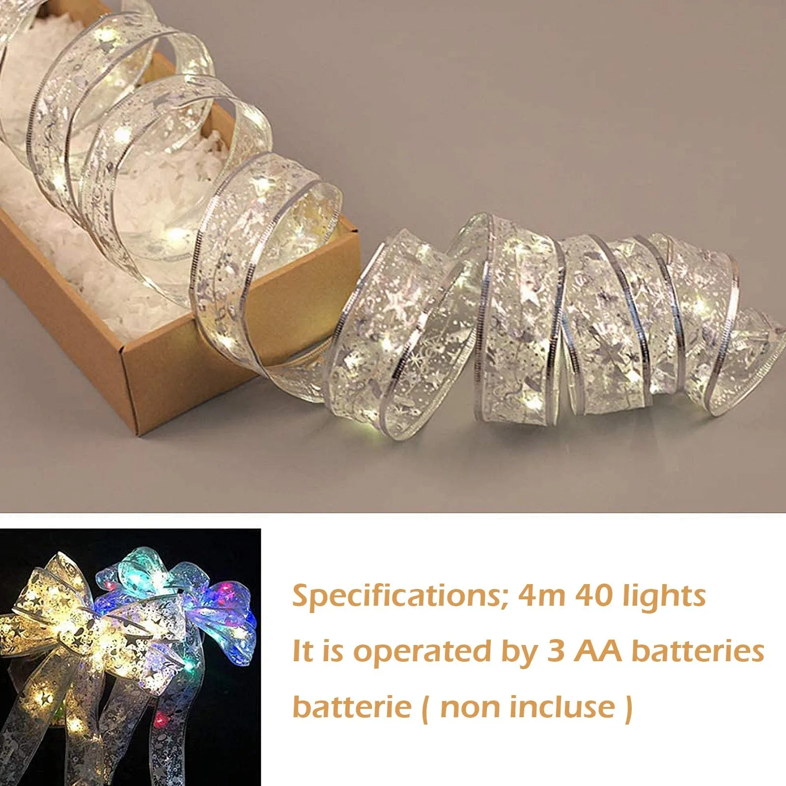Fairy String Lights Waterproof 40 LED 4m Copper Wire Ribbon Bows Lights for Christmas