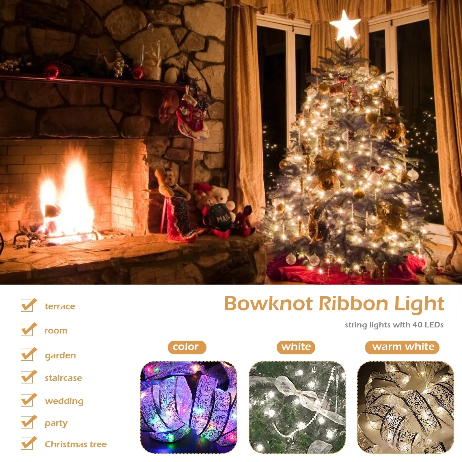 Fairy String Lights Waterproof 40 LED 4m Copper Wire Ribbon Bows Lights for Christmas