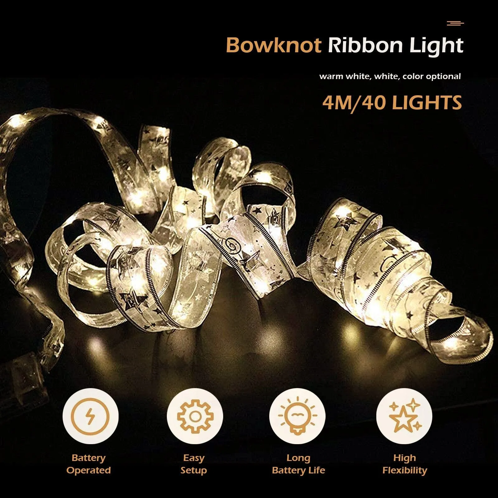 Fairy String Lights Waterproof 40 LED 4m Copper Wire Ribbon Bows Lights for Christmas