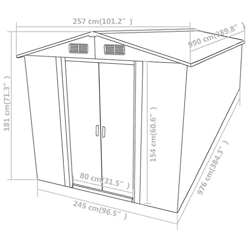 FAMIROSA Garden Storage Shed with Vents Galvanized Steel Double Sliding Doors Outdoor Wood Storage Shed Patio Lawn Care Equipment Pool Supplies Organizer 101.2"x389.8"x71.3"