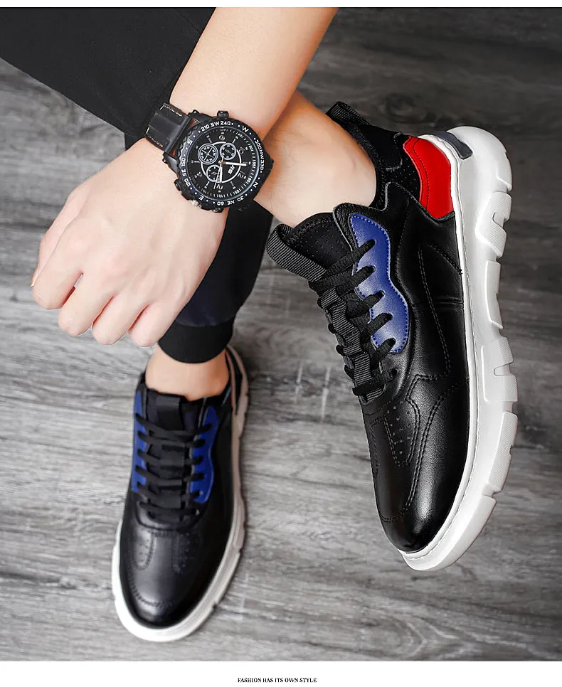 Fasion Flat /6cm Elevator Shoes Men Casual Genuine Leather Sneakers
