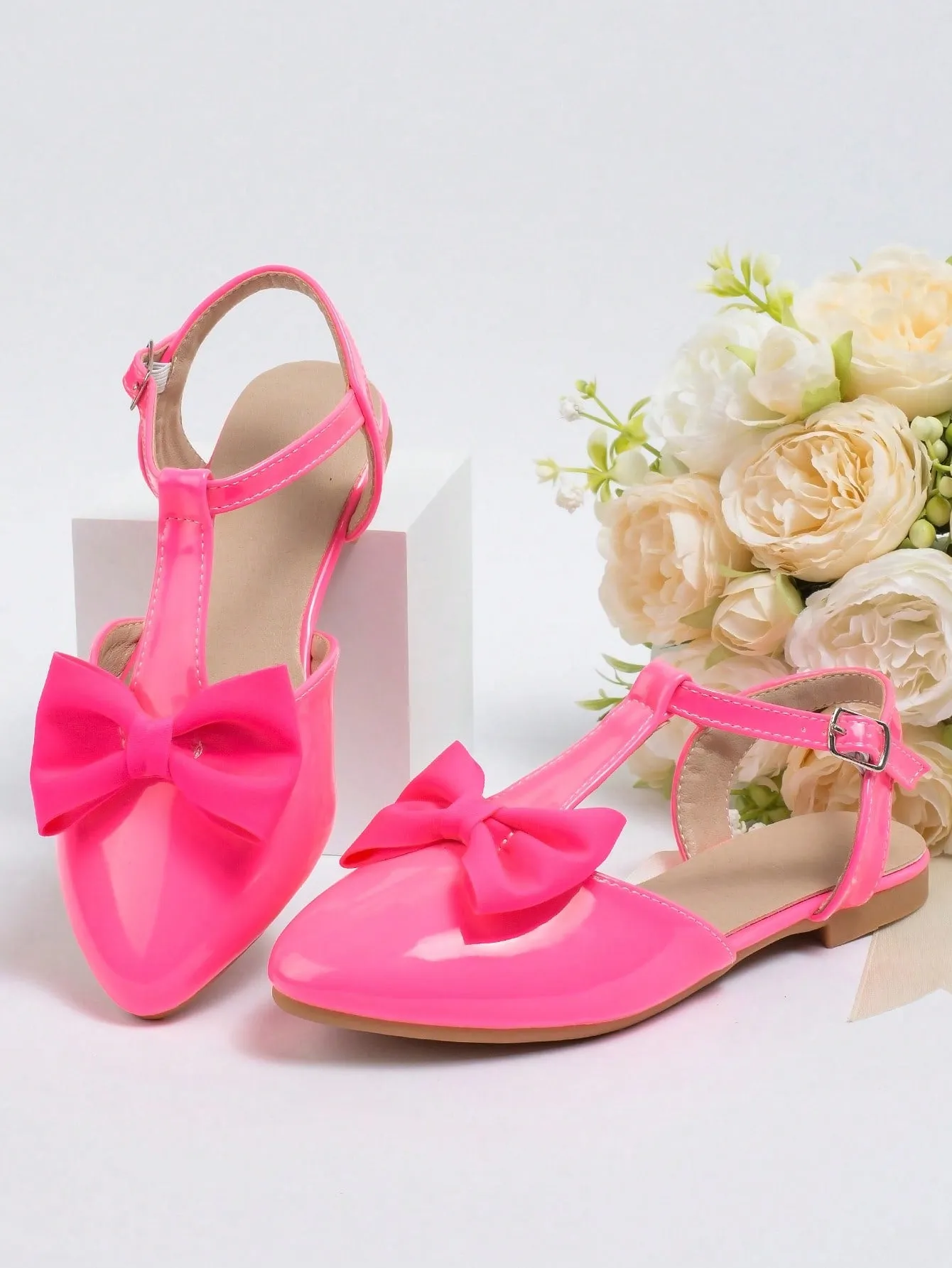 Girls Bow Decor Point Toe Ankle Strap Flats For Party-FD