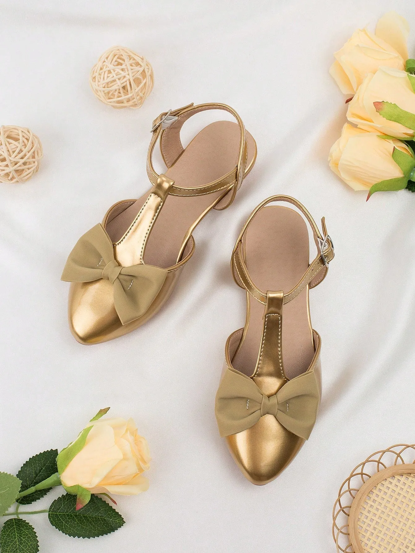 Girls Bow Decor Point Toe Ankle Strap Flats For Party-FD