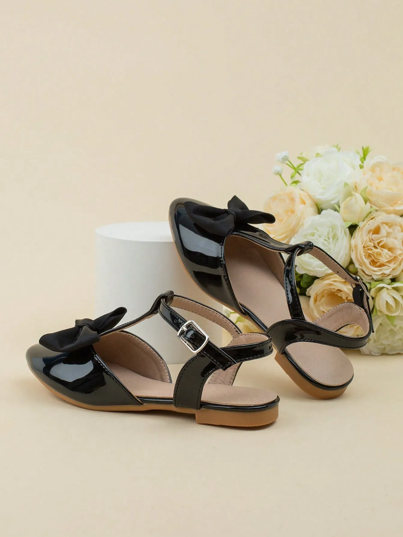 Girls Bow Decor Point Toe Ankle Strap Flats For Party-FD