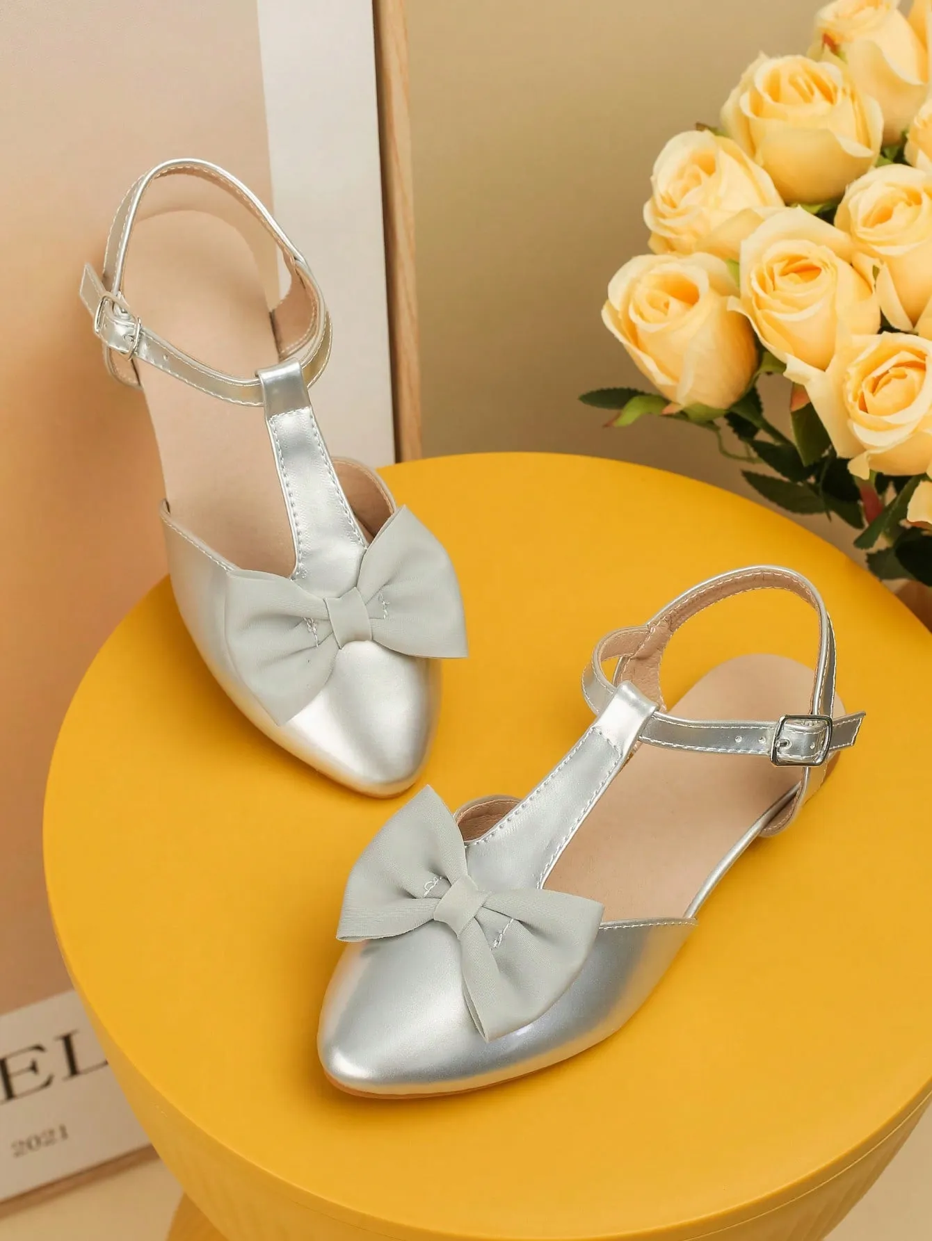 Girls Bow Decor Point Toe Ankle Strap Flats For Party-FD