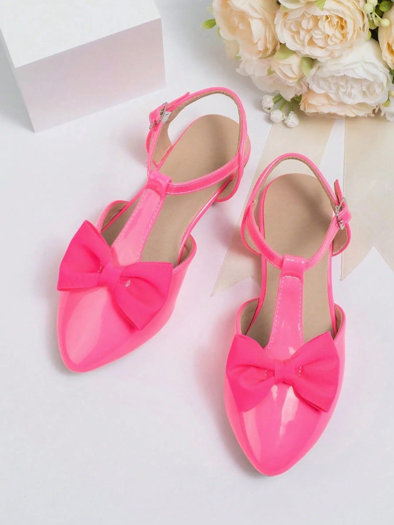 Girls Bow Decor Point Toe Ankle Strap Flats For Party-FD