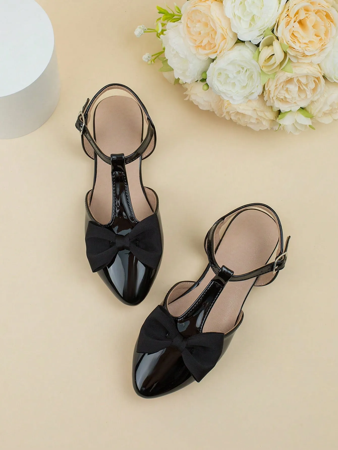 Girls Bow Decor Point Toe Ankle Strap Flats For Party-FD