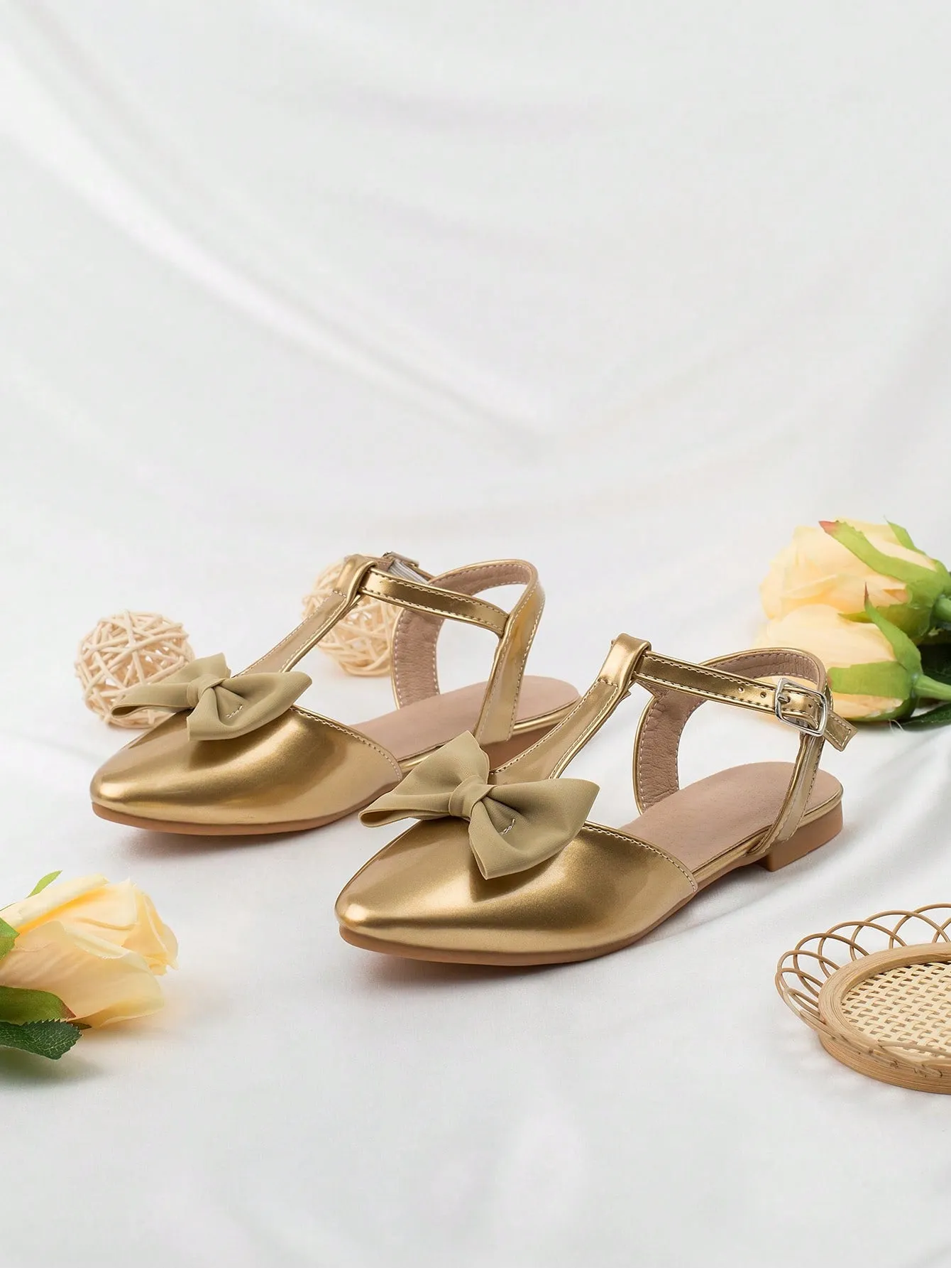 Girls Bow Decor Point Toe Ankle Strap Flats For Party-FD