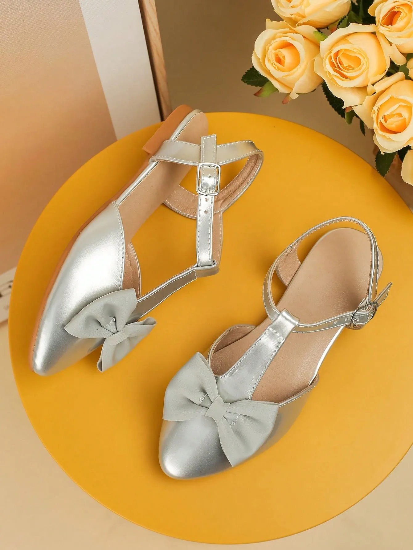 Girls Bow Decor Point Toe Ankle Strap Flats For Party-FD