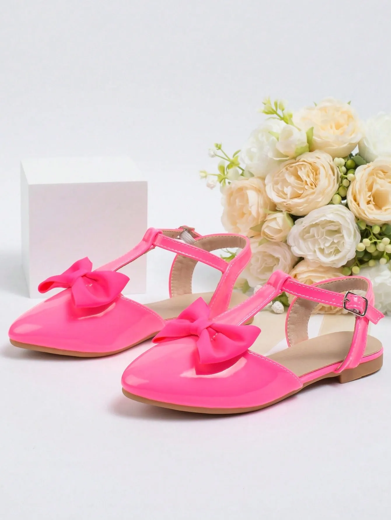 Girls Bow Decor Point Toe Ankle Strap Flats For Party-FD