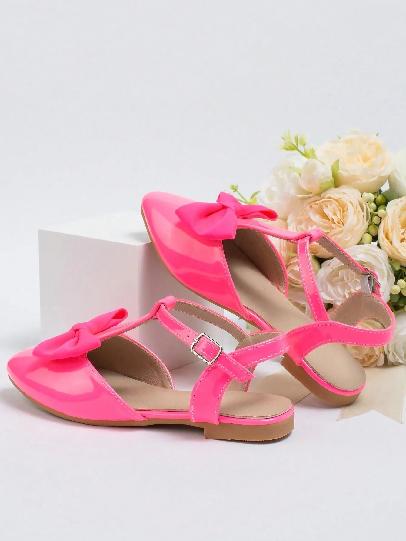 Girls Bow Decor Point Toe Ankle Strap Flats For Party-FD