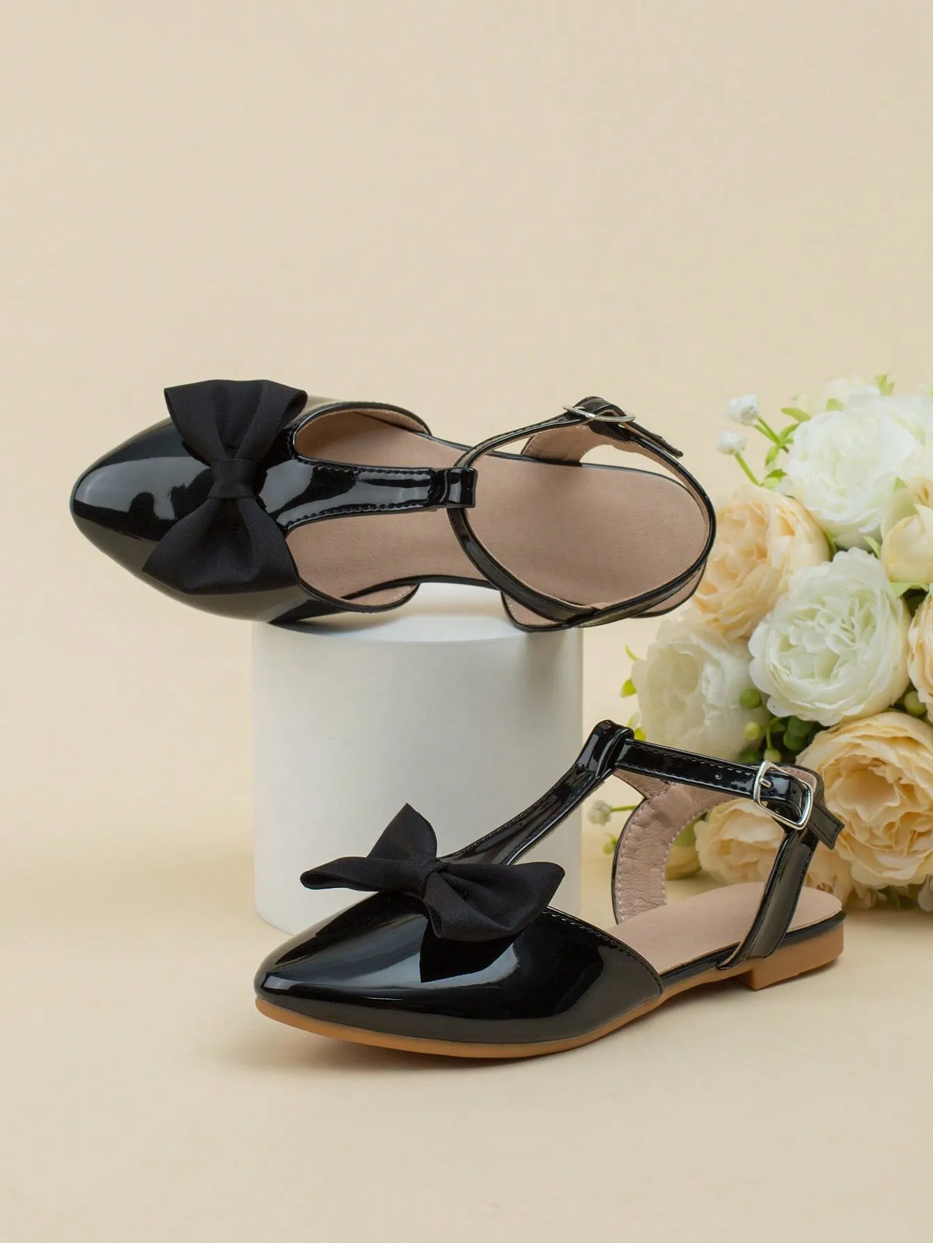 Girls Bow Decor Point Toe Ankle Strap Flats For Party-FD