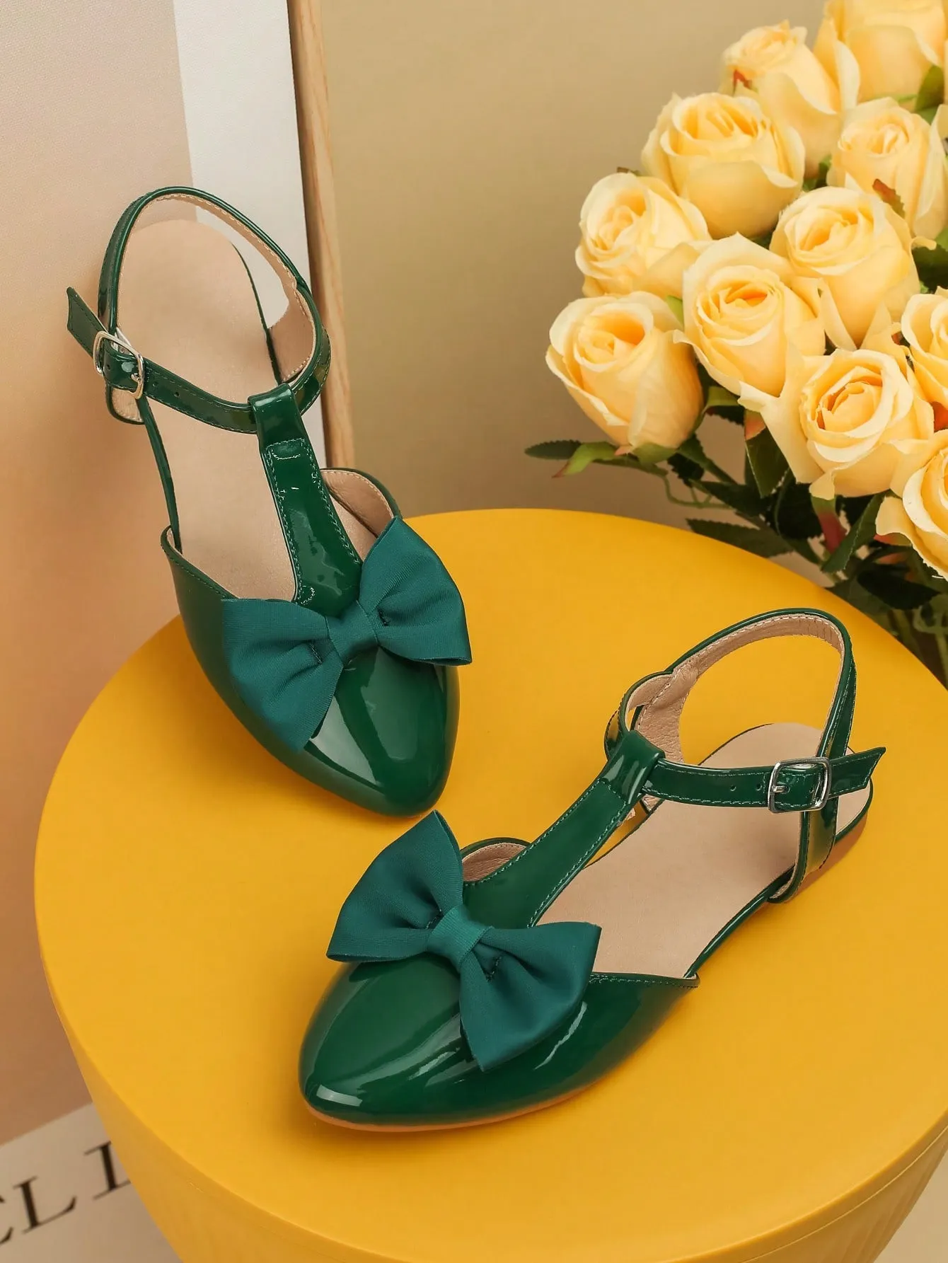 Girls Bow Decor Point Toe Ankle Strap Flats For Party-FD