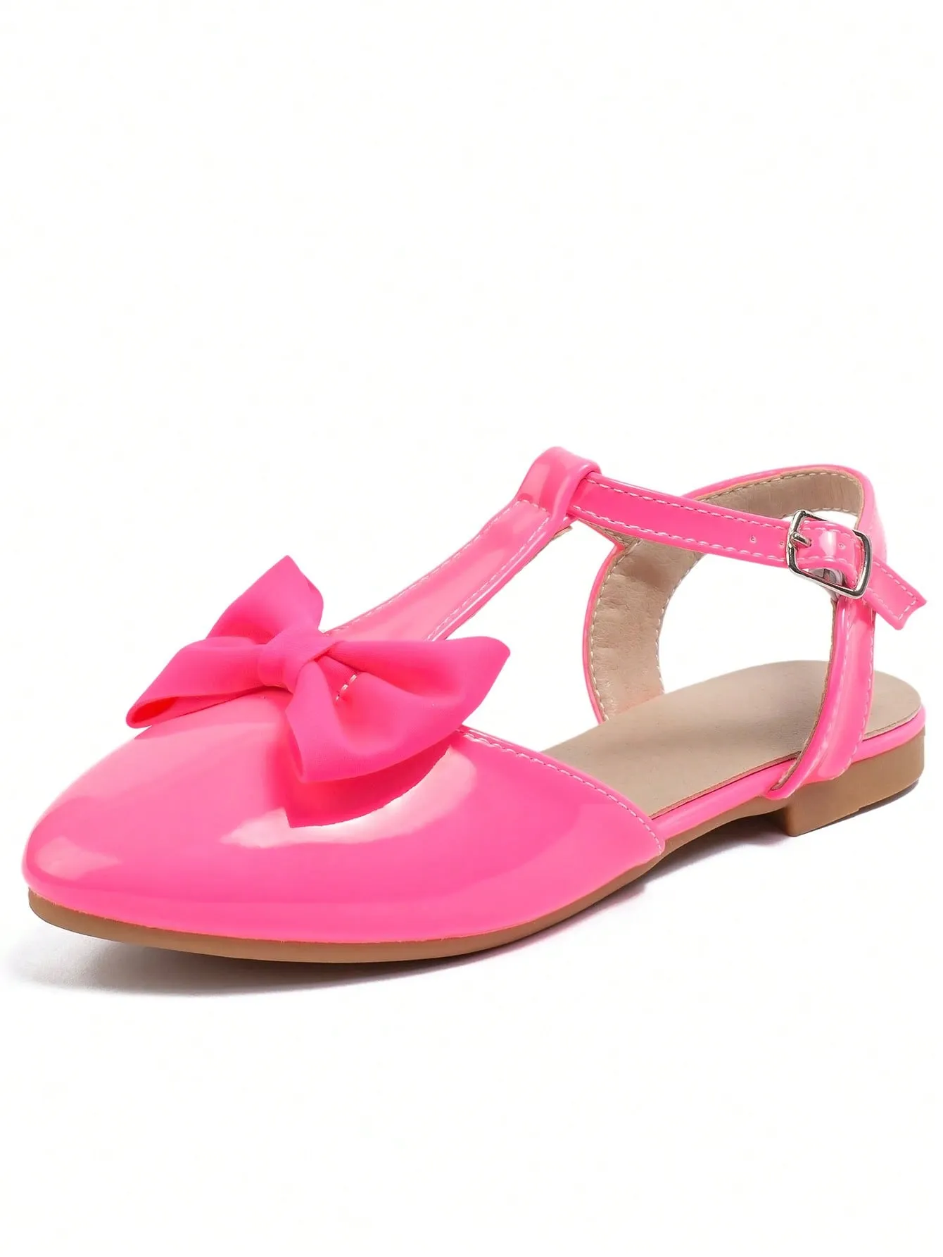 Girls Bow Decor Point Toe Ankle Strap Flats For Party-FD