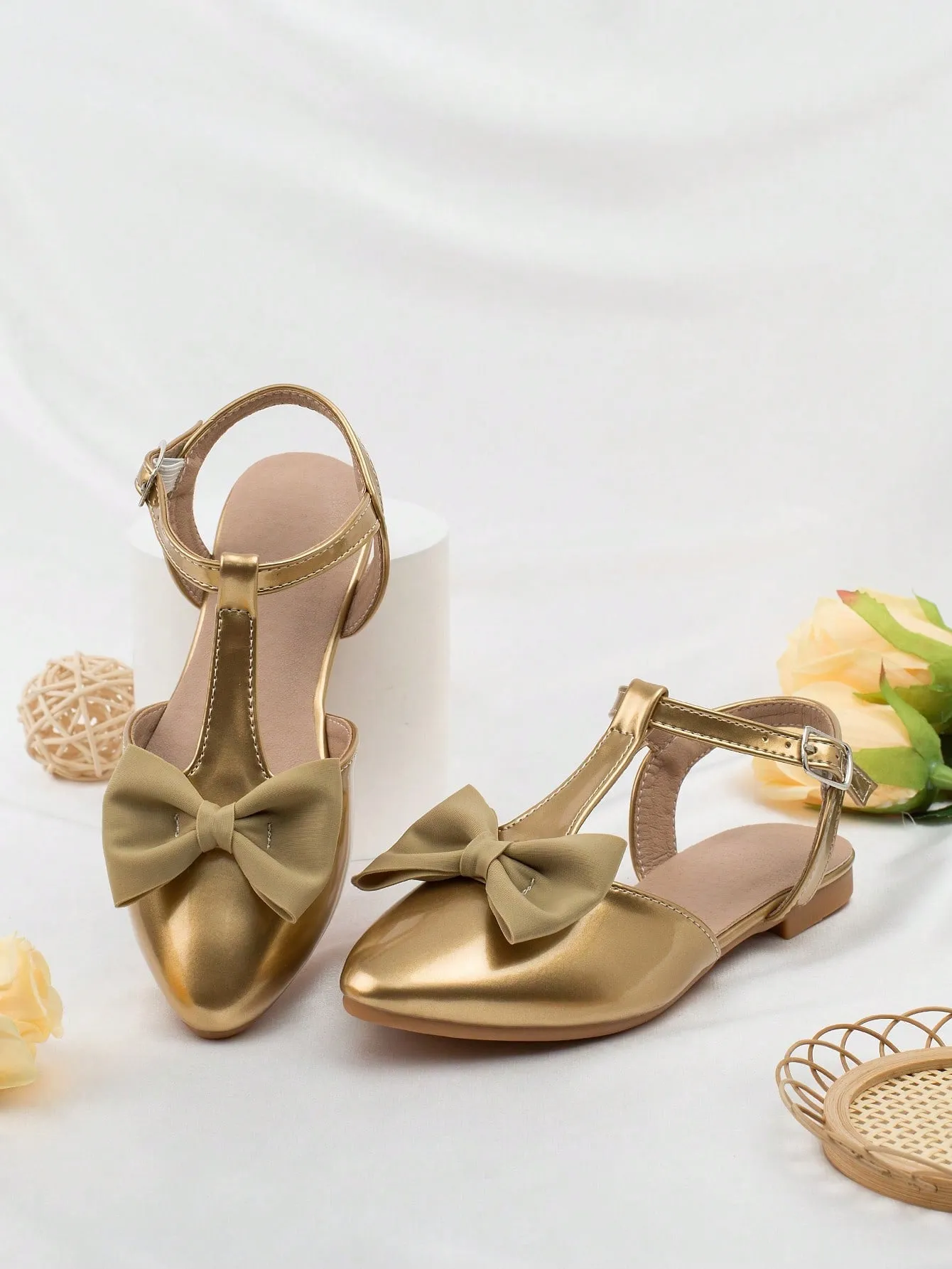Girls Bow Decor Point Toe Ankle Strap Flats For Party-FD