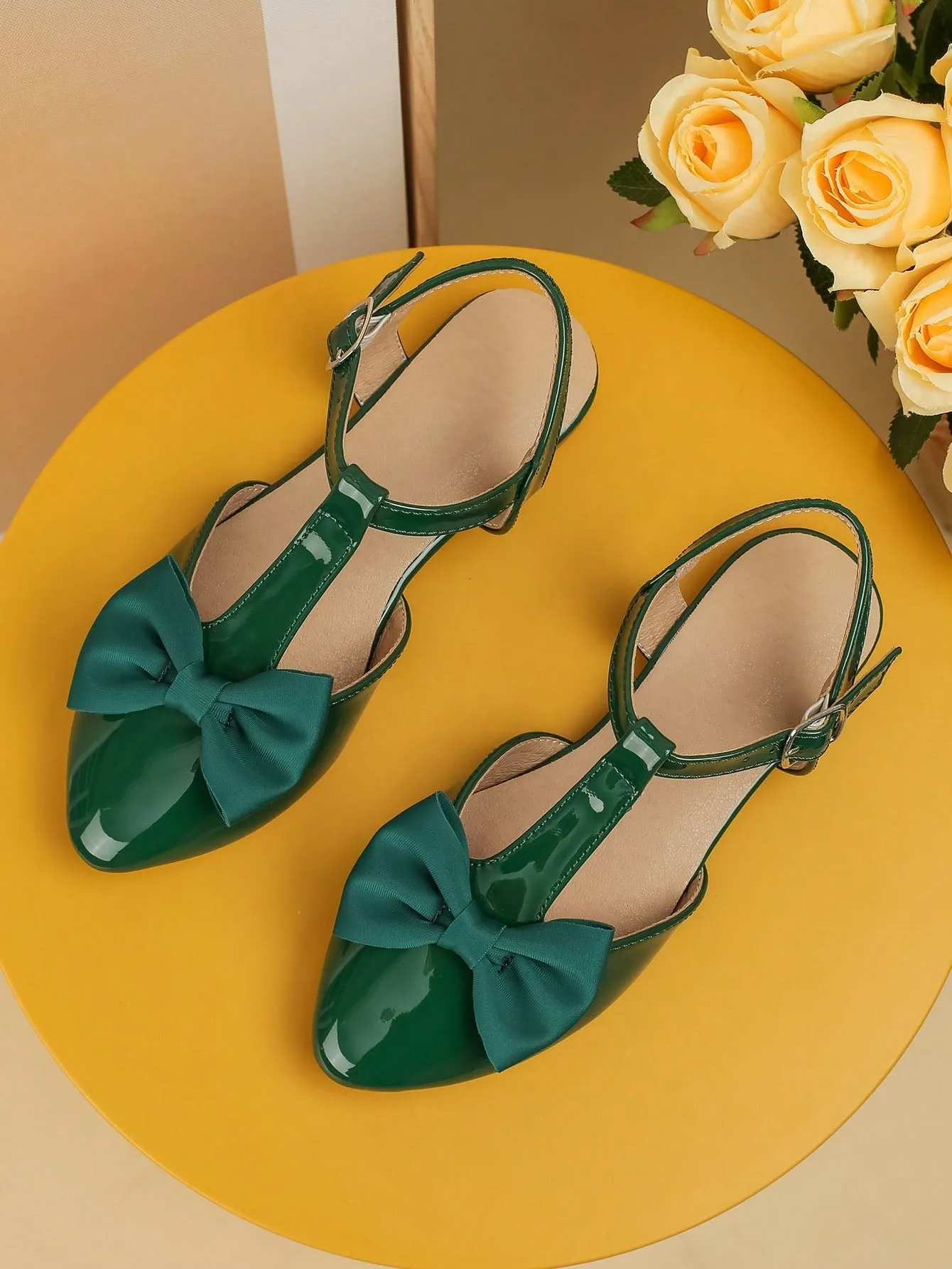 Girls Bow Decor Point Toe Ankle Strap Flats For Party-FD