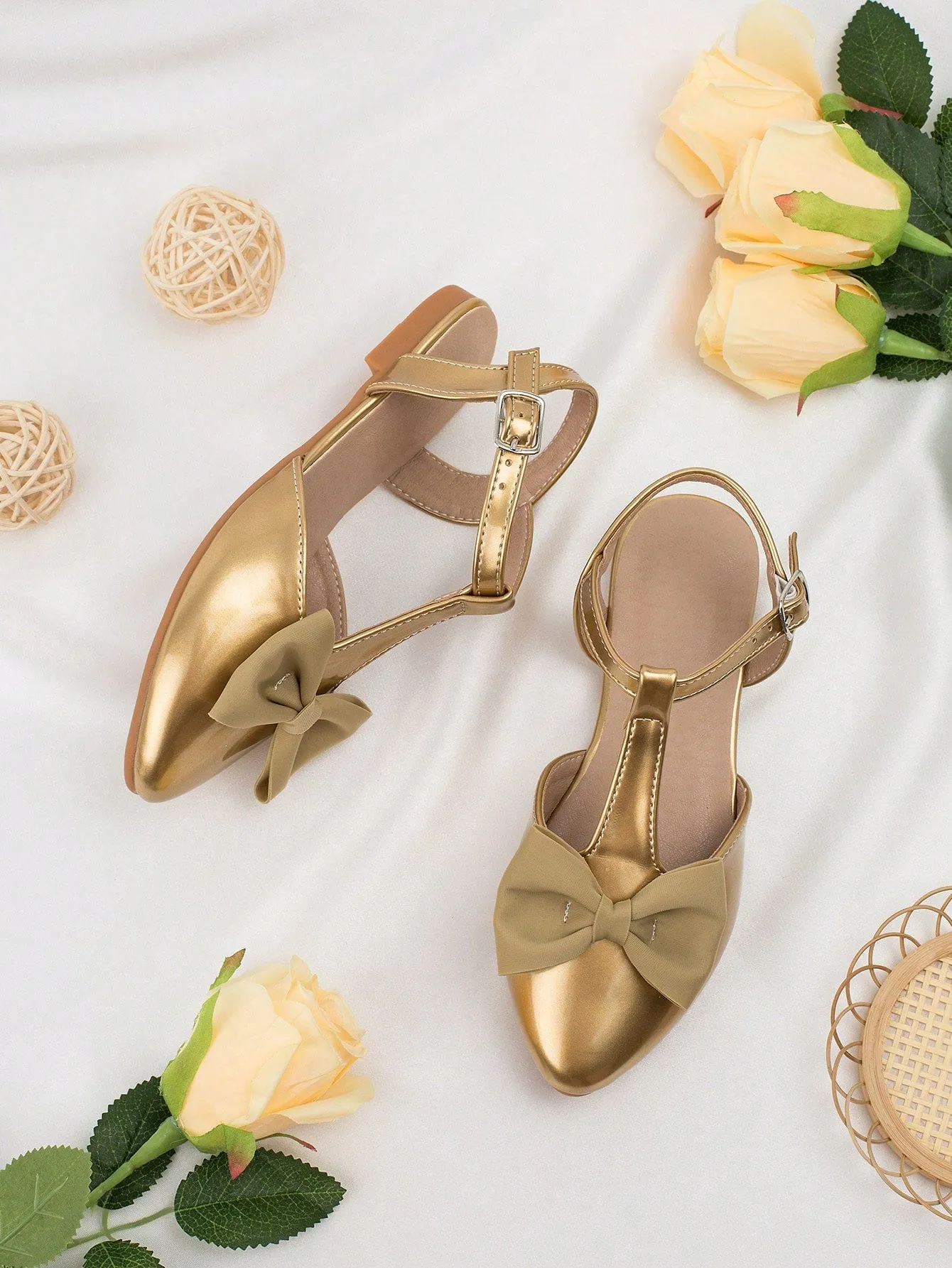 Girls Bow Decor Point Toe Ankle Strap Flats For Party-FD