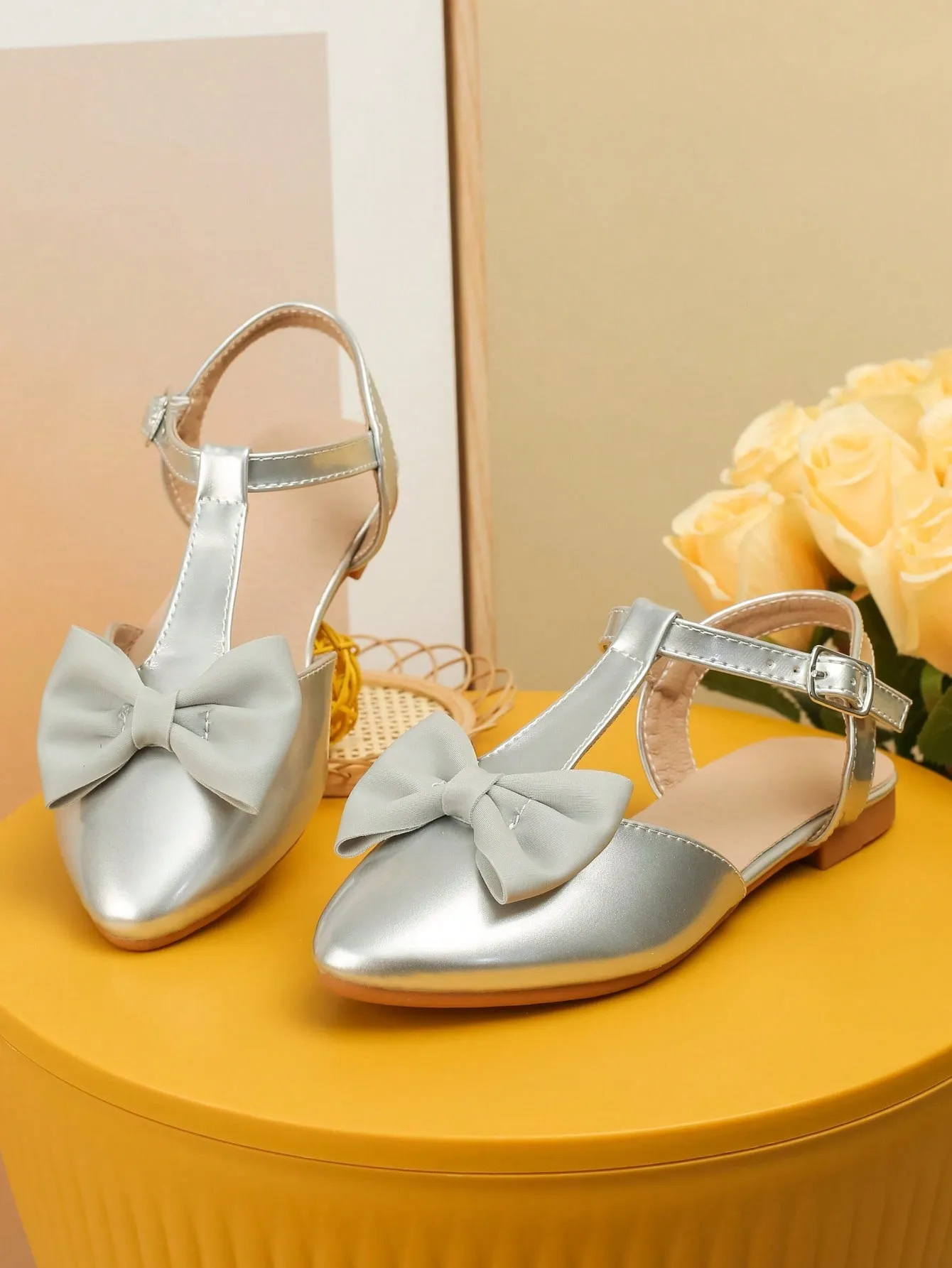 Girls Bow Decor Point Toe Ankle Strap Flats For Party-FD