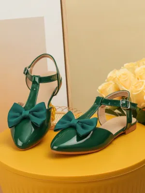 Girls Bow Decor Point Toe Ankle Strap Flats For Party-FD