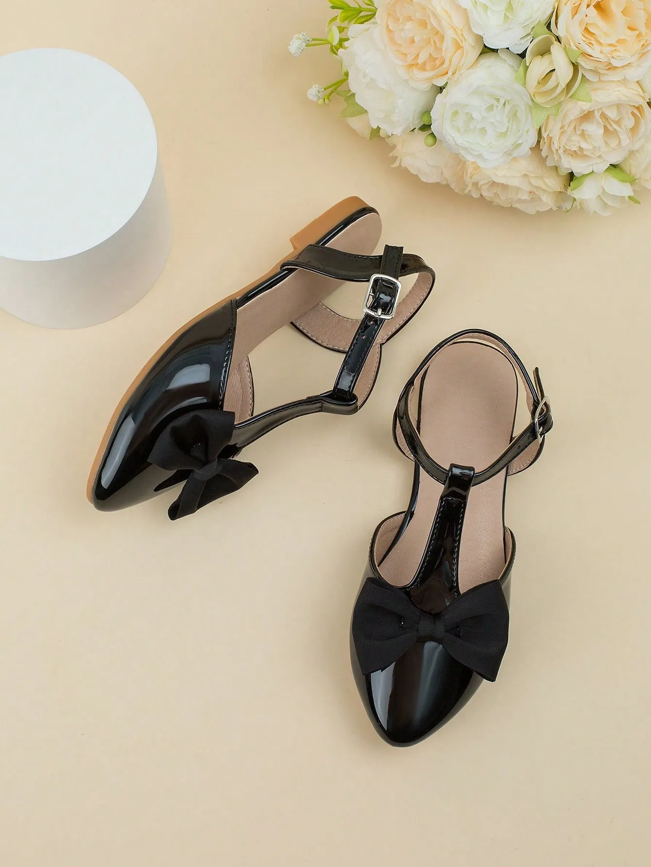 Girls Bow Decor Point Toe Ankle Strap Flats For Party-FD