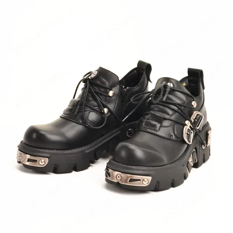 Gothic Black Women's Punk Metal Skull Print Metal Buckles Shoes