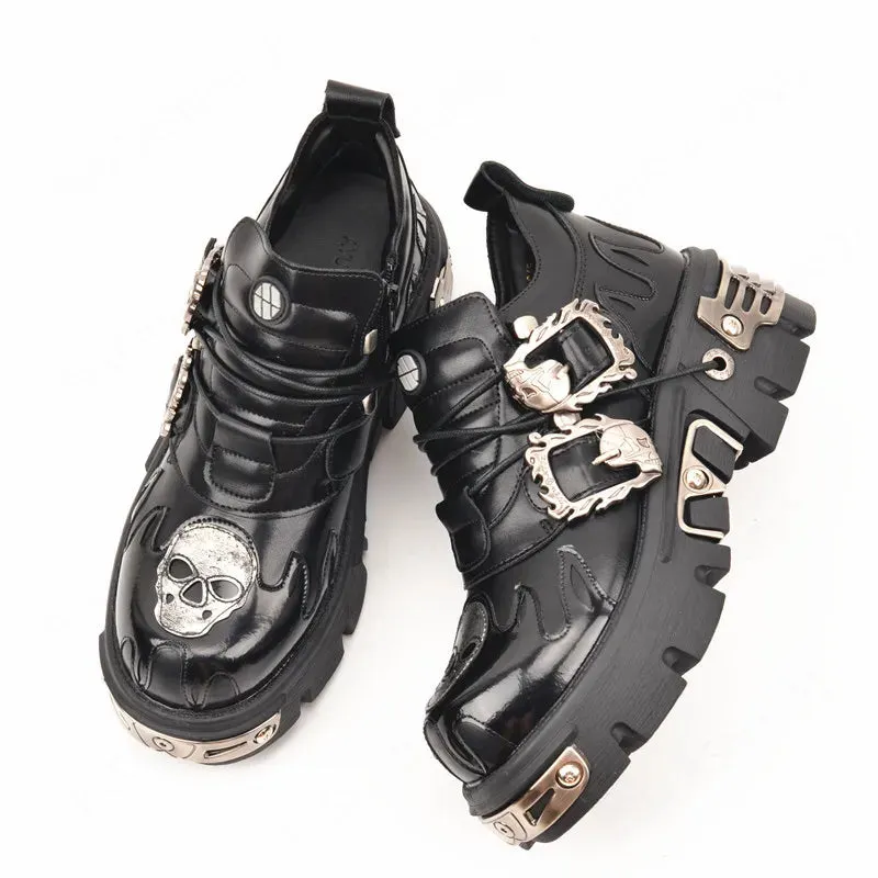 Gothic Black Women's Punk Metal Skull Print Metal Buckles Shoes