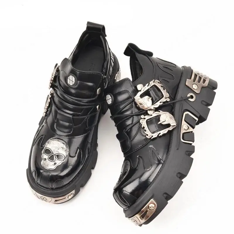 Gothic Black Women's Punk Metal Skull Print Metal Buckles Shoes