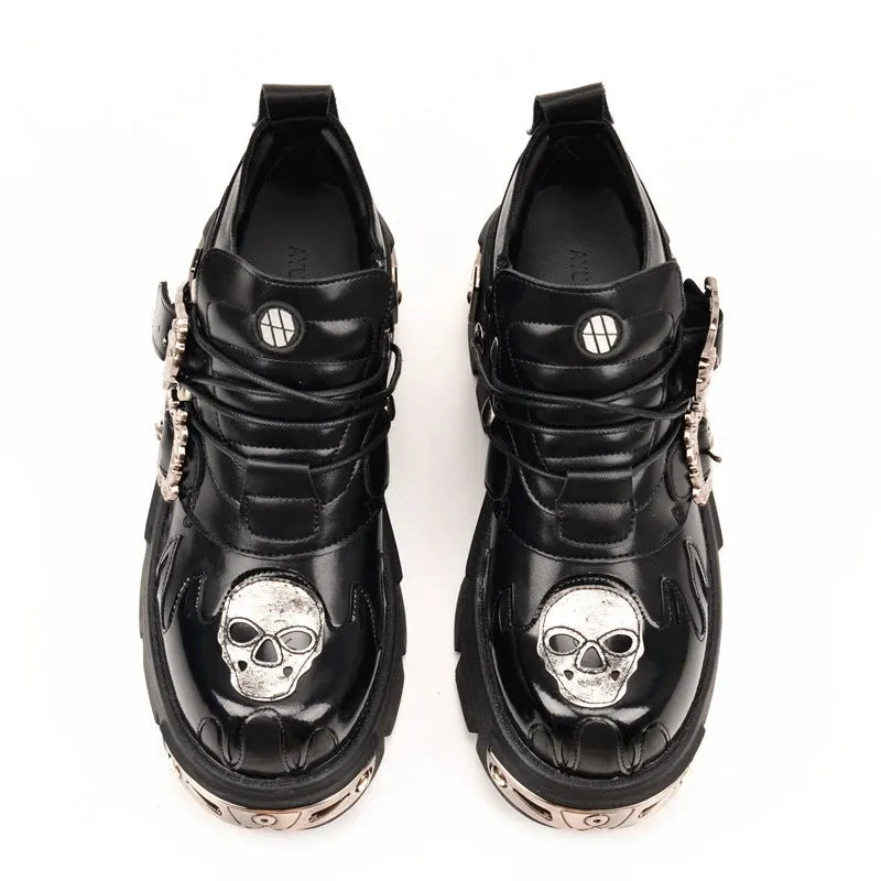 Gothic Black Women's Punk Metal Skull Print Metal Buckles Shoes