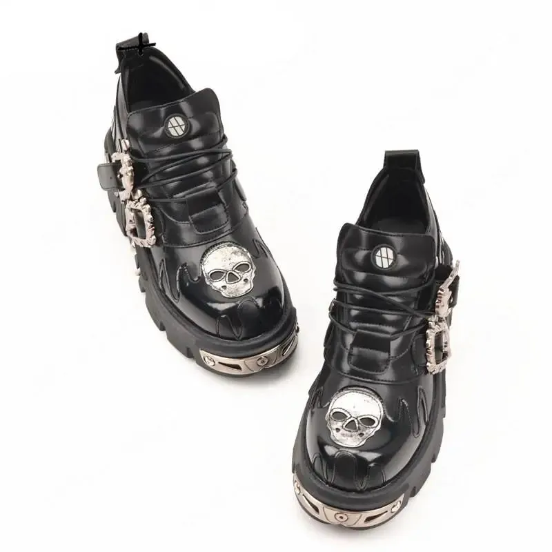 Gothic Black Women's Punk Metal Skull Print Metal Buckles Shoes